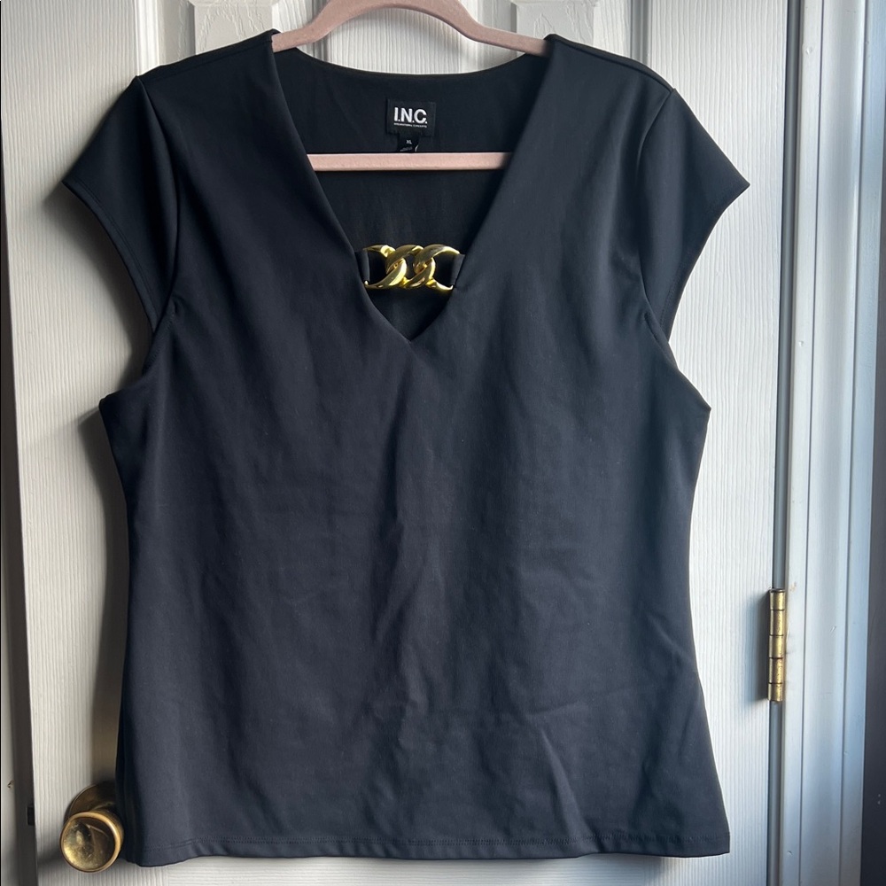 INC International Concepts Black Blouse with Gold Accent